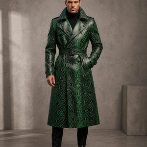 Men's Green Snake Print Leather Trench Coat, Belted Python Embossed Long Jacket, Luxury Gift