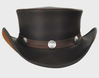 Handmade Brown Leather Top Hat – Rustic Steampunk Western Hat with Coin Band