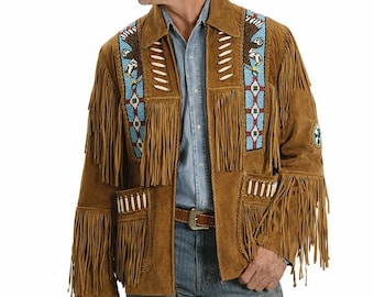 Handmade Tan Suede Fringe Jacket | Men’s Western Cowboy Leather Coat | Beaded Rodeo Style