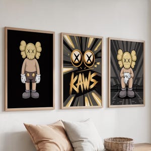 Golden KAWS Poster Set of 3 Printable | Graffiti KAWS Wall Art | Hypebeast Digital Prints | Minimalist KAWS Decor | Street Art Download