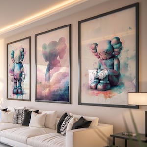 KAWS Graffiti Poster Set of 3 Hypebeast Wall Art, Colorful Urban Street Art Drip Effect KAWS Toy Figure Minimalist Decor Digital Download