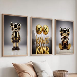 Golden KAWS Poster Set of 3 Printable | Graffiti KAWS Wall Art | Hypebeast Digital Prints | Minimalist KAWS Decor | Street Art Download