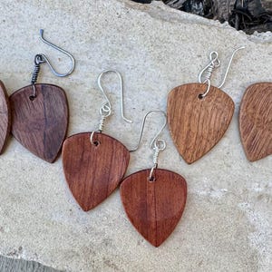Guitar pick earrings wood with sterling silver wiring