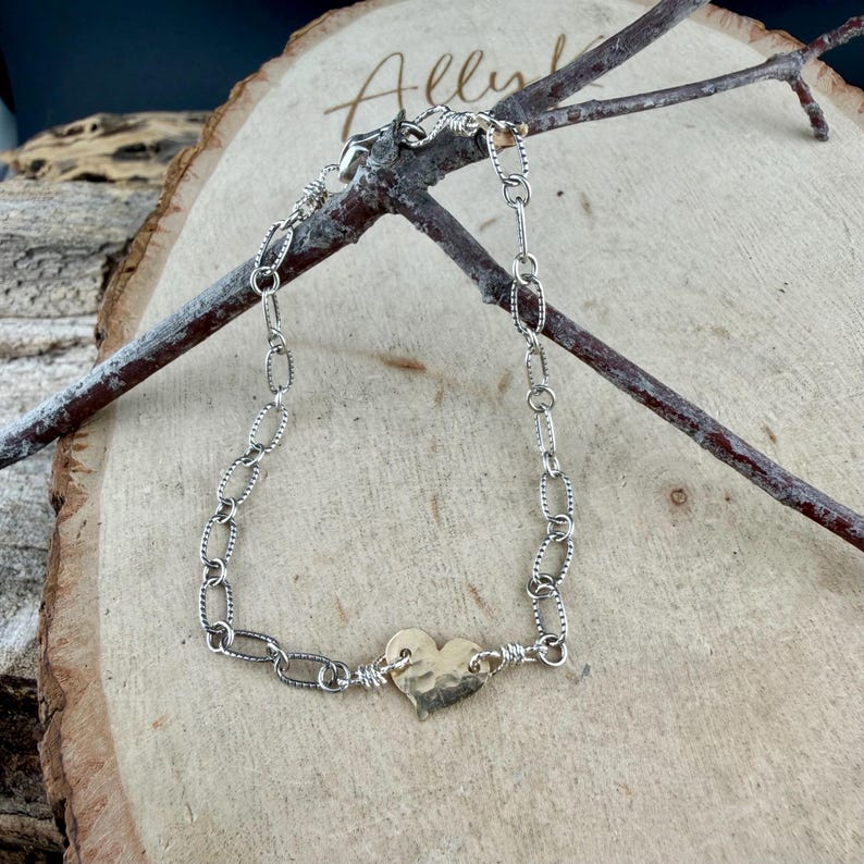 Mixed‑Metal Heart Bracelet • 14k Gold‑Filled Heart • Sterling Silver Chain • Dainty Jewelry image 11