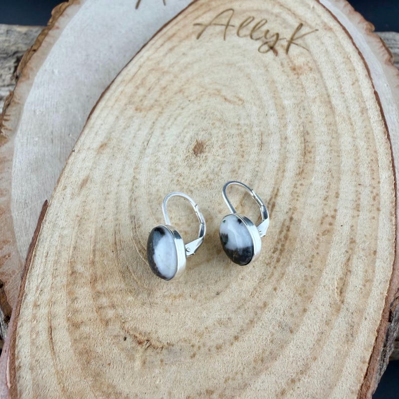 Sterling Lever-Back White Buffalo Earrings • 8x10 Oval Cabochon with Black-White Matrix image 4