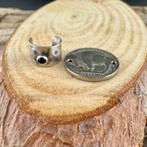 May include: A silver-toned ear cuff with a black stone and a silver coin with a buffalo image. The coin is marked "FIVE CENTS". The items are displayed on a wooden surface.