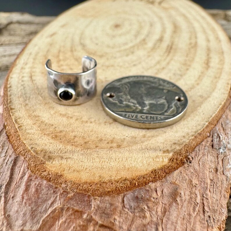 May include: A silver-toned ear cuff with a black stone and a silver coin with a buffalo image. The coin is marked "FIVE CENTS". The items are displayed on a wooden surface.