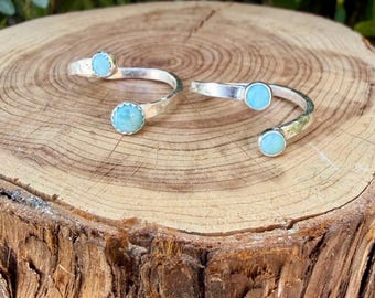 Larimar Sterling Silver Ring • Adjustable Double Bezel • Sky‑Blue Caribbean Stone