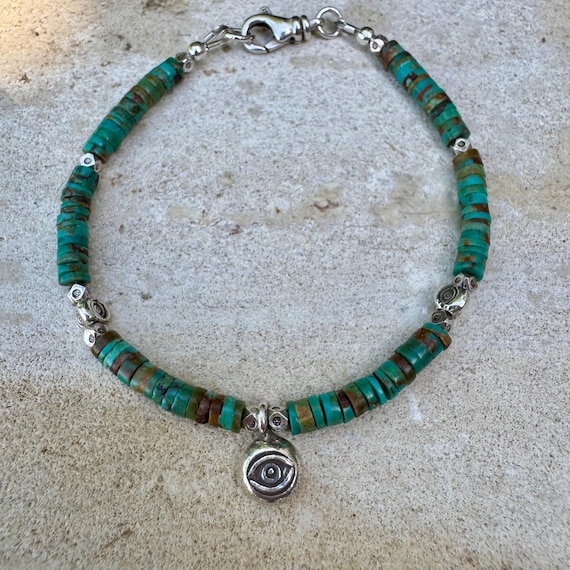 Turquoise Sterling Silver Bracelet, Evil Eye Charm Bracelet, Sterling Jewelry, Gemstone Bracelet, Turquoise Jewelry, Gift Idea