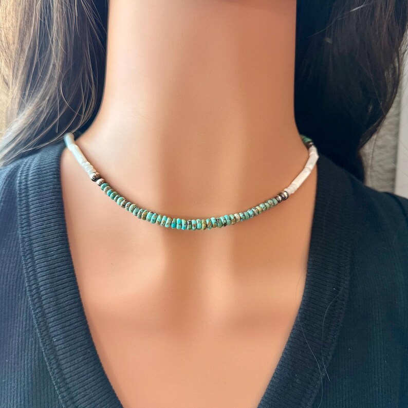 Mother of Pearl, Kingman Turquoise & Desert Pearl Choker • Sterling Silver • Southwestern Jewelry image 10