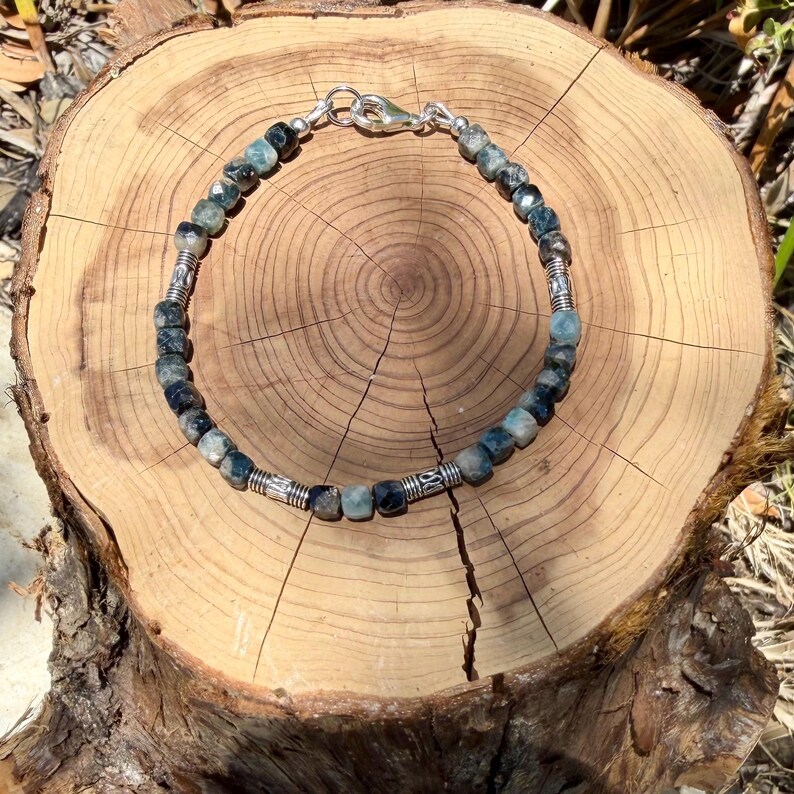 Blue Tourmaline Bracelet • 4mm Stones • Bali Silver Accents Lobster Clasp