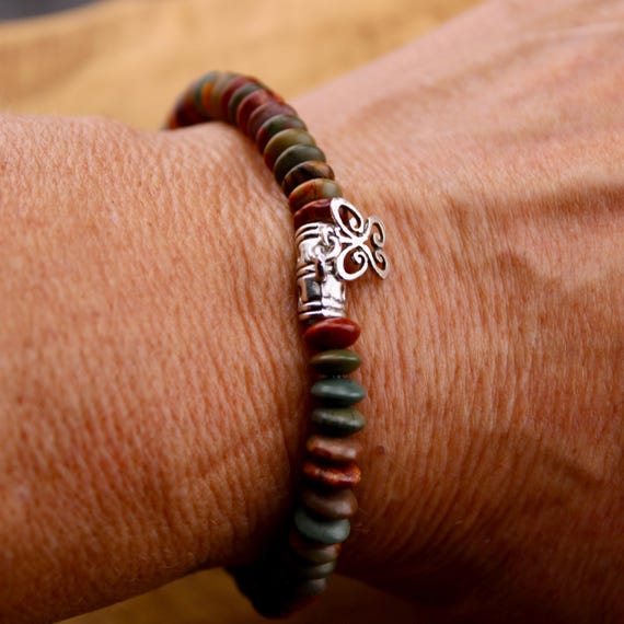Stretch Picasso Red Creek Jasper Bracelet with Sterling Silver Butterfly Charm, Stretch Gemstone Bracelet, Natural Gemstone Jewelry