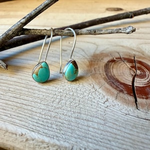 Pu&ograve; includere: Un paio di orecchini pendenti con pietre di turchese a forma di goccia con motivi a matrice marrone, incastonati in metallo color argento con lunghi ganci sottili e curvi che pendono da un sottile ramo di legno marrone scuro.