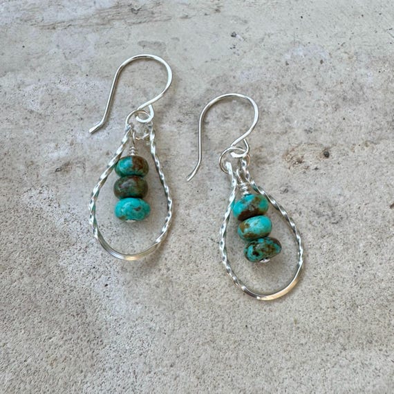Sterling Silver Kingman Turquoise Teardrop Earrings - Twisted Wire Women's Jewelry