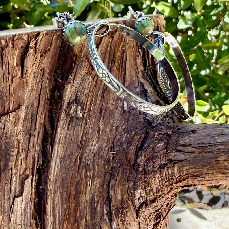 Turquoise Sterling Silver Butterfly‑Floral Hoop Earrings • 6mm Kingman Turquoise • Custom Colors image 2