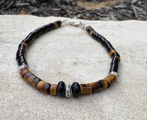Tiger's Eye Black Onyx Sterling Silver Bracelet, Gemstone Bracelet, Men's Jewelry, Energy Bracelet, Gift for Him
