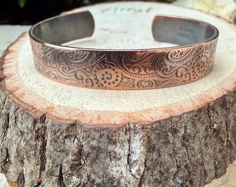 Raw Copper Paisley Cuff • Embossed Copper Bracelet • Southwestern Unisex Jewelry