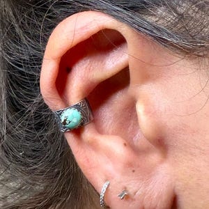 6mm Royston Turquoise Sterling Silver Ear Cuff | Floral Wide Band, No‑Piercing Earring image 1