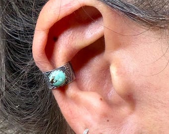 6mm Royston Turquoise Sterling Silver Ear Cuff | Floral Wide Band, No‑Piercing Earring