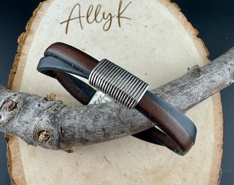 Genuine Leather Bracelet with Magnetic Clasp - Dark Brown and Black