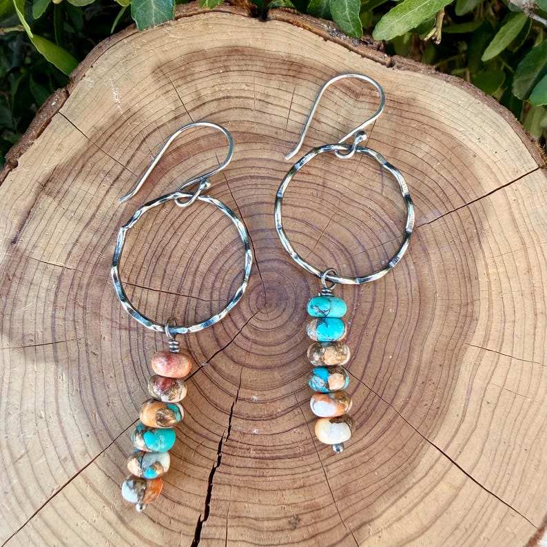 Sterling Silver Spiny Oyster & Turquoise Dangle Drop Earrings • Long Drop Style image 1