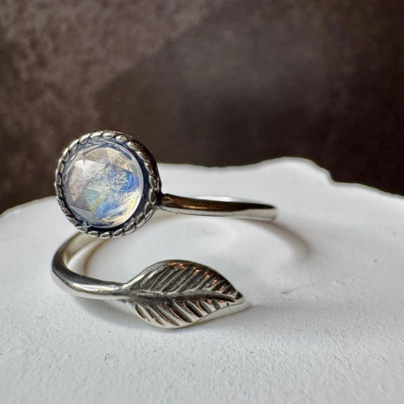 Sterling Silver Rainbow Moonstone Ring, Open Adjustable Ring, Leaf Accent Jewelry, Unique Gemstone Gift