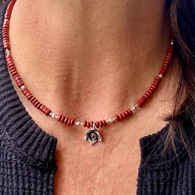 Red Jasper Necklace: Sterling Silver Rose Pendant, Gemstone Jewelry image 1