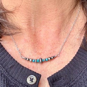 Turquoise Bar Necklace with Navajo Pearls, Sterling Silver Chain