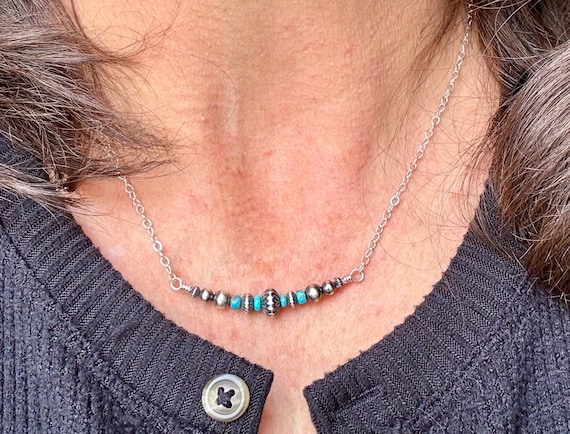 Navajo Pearl Turquoise Bar Necklace, Sterling Silver Chain, Bar Necklace, Authentic Navajo Pearls, Southwestern Jewelry, Western Jewelry