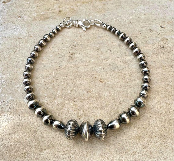 Navajo Pearl Bracelet, Sterling Silver Beaded Bracelet, Southwest Style, Boho Jewelry, Native American Jewelry