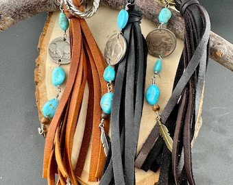 Leather Purse Tassel Keychain with Turquoise & Indian Head Buffalo Nickel