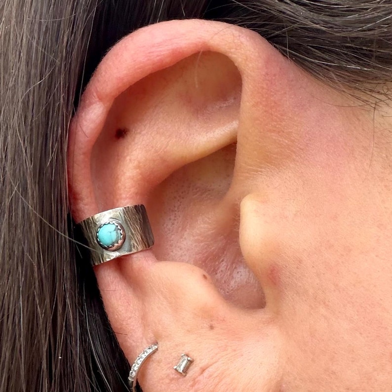 4mm Baby Blue Kingman Genuine Turquoise Ear Cuff • Sterling Silver • No Piercing image 1