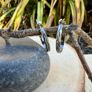 May include: A pair of silver hoop earrings with a textured design. The earrings are displayed on a small branch, with a gray stone and greenery in the background. The earrings are approximately 1 inch in diameter.