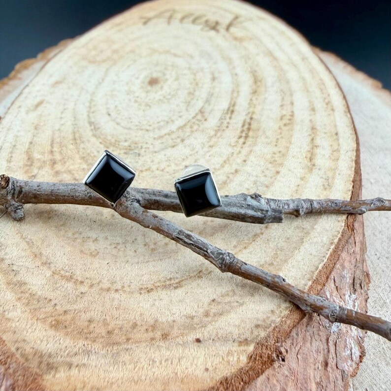 Puede incluir: Un par de pendientes cuadrados de &oacute;nix negro con borde plateado. Los pendientes se exhiben sobre una peque&ntilde;a rama desgastada, sobre un fondo de vetas de madera marr&oacute;n claro.