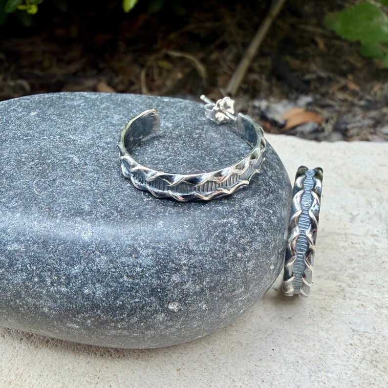 Sterling Silver Hoop Earrings • Ridged Linear Pattern Hoops • Push‑Back Post Style image 5