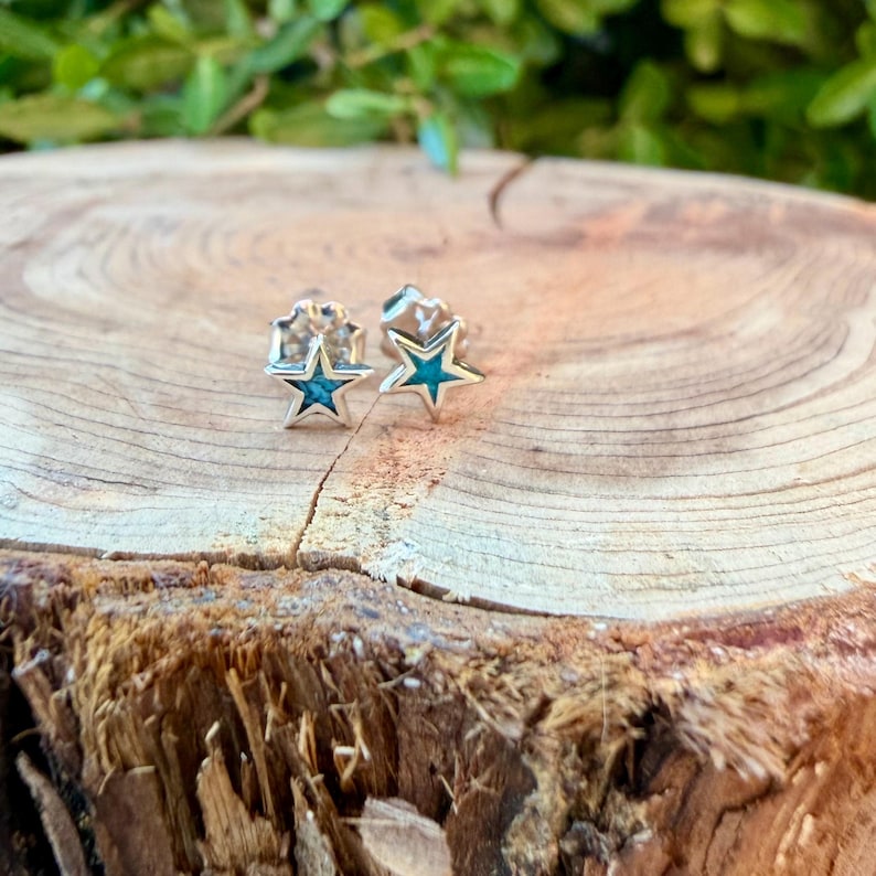 May include: A pair of silver star-shaped stud earrings with turquoise centers. The earrings are displayed on a wooden surface, with green foliage in the background. The earrings are small and delicate.
