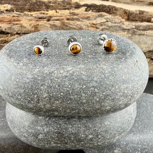 Puede incluir: Tres pendientes de bot&oacute;n con piedras preciosas de ojo de tigre redondas y pulidas, engastadas en metal plateado. Cada pendiente presenta una piedra lisa en corte cabuj&oacute;n con bandas de color marr&oacute;n dorado y brillo.