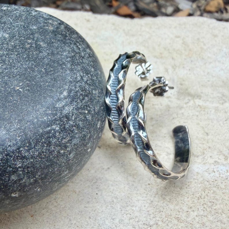 Sterling Silver Hoop Earrings • Ridged Linear Pattern Hoops • Push‑Back Post Style image 1