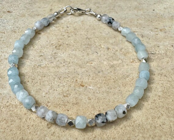 Aquamarine Lapis Moonstone Bracelet, Rainbow Moonstone Bracelet, Sterling Silver Beaded Gemstone Bracelet, Gift