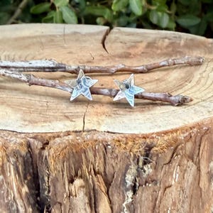 May include: A pair of silver star-shaped stud earrings featuring a textured, etched surface pattern. The earrings are positioned resting on a thin, light brown twig, showcasing a metallic finish with intricate detailing on the front faces.