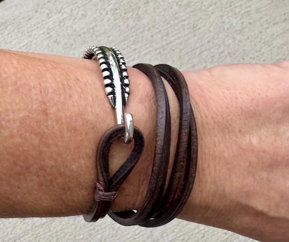 Square Leather Wrap Bracelet, Silver Cuff, Brown Leather Bracelet, Black Leather Bracelet, Women's Accessory, Modern Jewelry