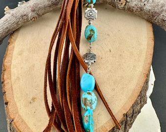 Turquoise Bag Tassel • Raw Turquoise Nuggets • Deerskin Leather • Western Cross Charm