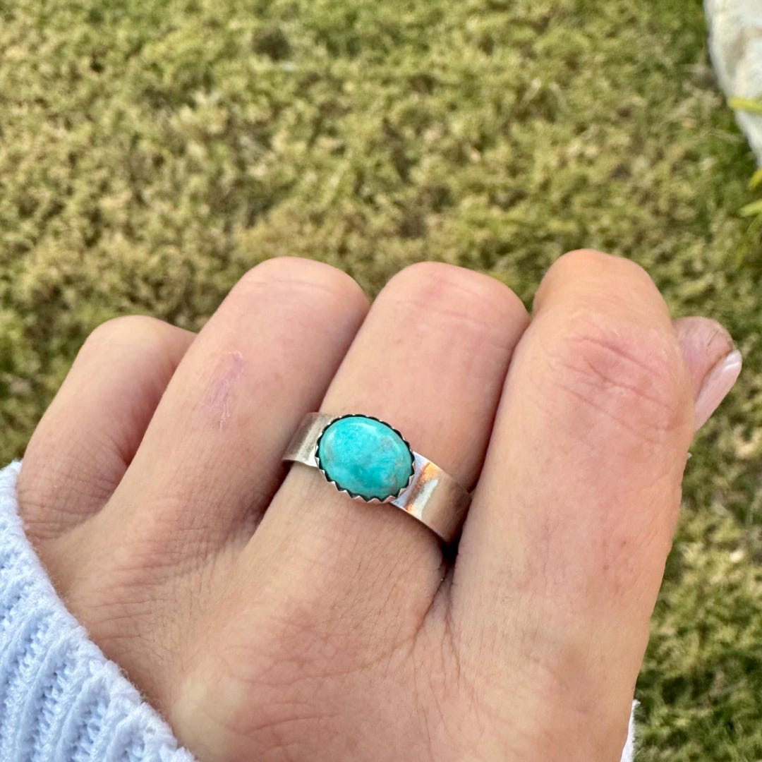 Sterling Silver Kingman Turquoise Ring • Wide Band • Hammered or Smooth ...