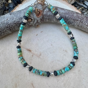 Turquoise & Black Onyx Bracelet • Sterling Silver • Evil Eye or Feather Charm