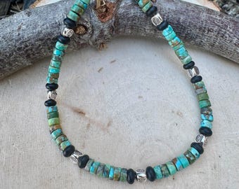 Turquoise & Black Onyx Bracelet • Sterling Silver • Evil Eye or Feather Charm