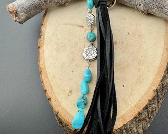 Turquoise Leather Purse Tassel: Southwestern Bag Charm with Tribal Sun