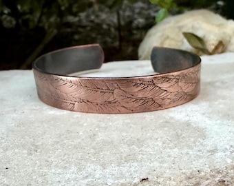 Feather Embossed Copper Cuff • Rustic Raw Copper Bracelet • Hand‑Forged Southwestern Jewelry