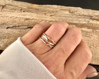Mixed‑Metal Wave Ring Set • Sterling Silver & Brass Trio • Hand‑Forged Minimalist Rings