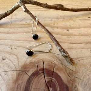 May include: A pair of silver hook earrings, each featuring a single small, round, faceted black stone. The earrings are displayed with one hanging from a thin, textured wooden branch and the other resting below it on a light wood surface.