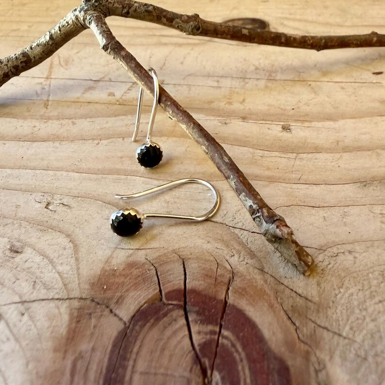 May include: A pair of silver hook earrings, each featuring a single small, round, faceted black stone. The earrings are displayed with one hanging from a thin, textured wooden branch and the other resting below it on a light wood surface.